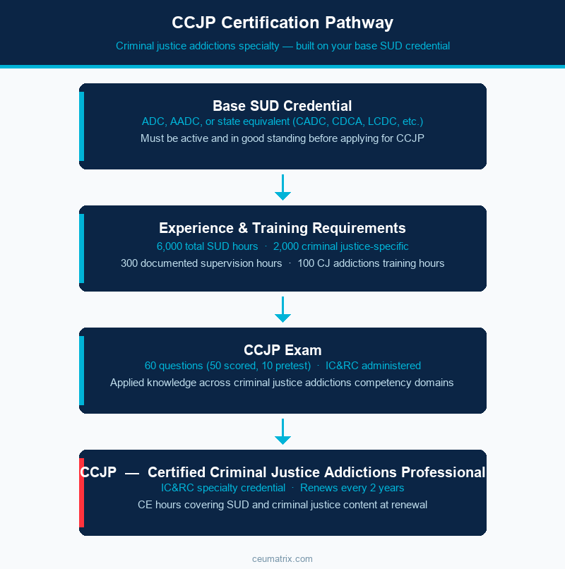 CCJP Certification Pathway: from base SUD credential through experience, training, and exam